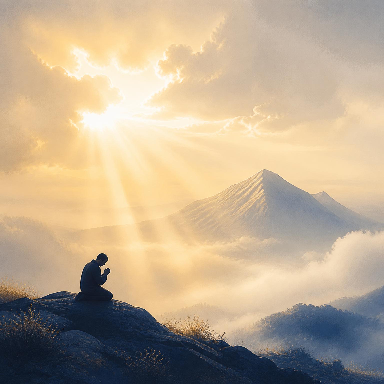Persona en oración al amanecer sobre una montaña con rayos de luz divina